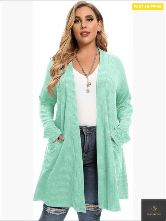 Sweaters - Open Front Knit Cardigan Long Sleeve Lightweight Sweater with Pockets Plus Size